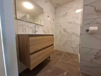 a bathroom with a sink and a shower at Residenz Polderblick Burgerbrug in Burgerbrug