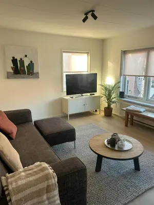 a living room with a couch and a flat screen tv at Have a nice stay! - Ruim appartement de Molen in Noordwijk