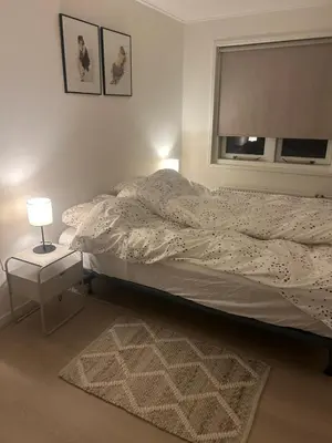 a bedroom with a bed with a window and a rug at Have a nice stay! - Ruim appartement de Molen in Noordwijk