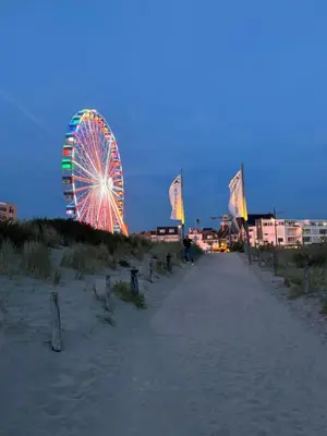 a ferris wheel on the beach at night at 't Voorhuys Noordwijk aan Zee- tuin en gratis parkeren in Noordwijk