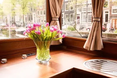 a vase of pink tulips sitting on a window sill at Prinsenboot in Amsterdam