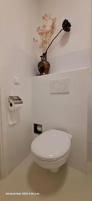 a white toilet in a bathroom with a flower vase at gastenverblijf Bij de Dijk in Warmenhuizen