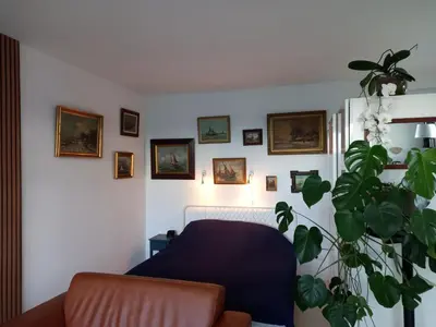 a living room with a bed and a plant at gastenverblijf Bij de Dijk in Warmenhuizen