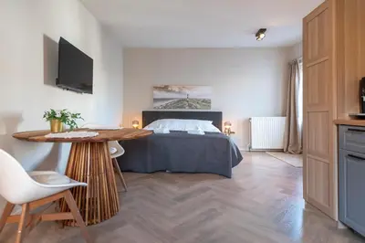 a bedroom with a bed and a table and a television at Boutique Pension Bennekom - Studio's & Apartment in Zandvoort