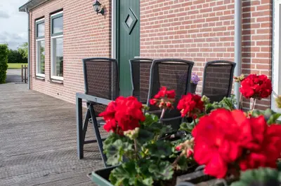 a group of chairs sitting on a deck with red flowers at Zaanse Rietveld Logies in Alphen aan den Rijn