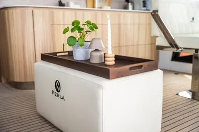 a table with a potted plant on top of it at Villa Perla Mare - Sauna Experience - On a lake near Amsterdam in Vinkeveen