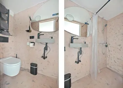 two pictures of a bathroom with a shower and a toilet at HouseBoat the New Lake - Nieuwe Meer in Amsterdam