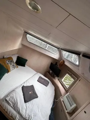 an overhead view of a bedroom in an rv at Luxury Houseboat in Amsterdam