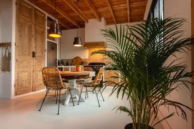 a kitchen with a table and chairs and a plant at Rustic Lake House in Vinkeveen