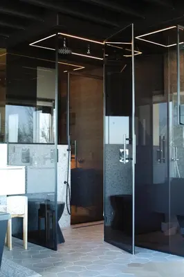 a bathroom with a glass shower with a toilet at Luxe Wellness Suite Zaandam - Amsterdam in Zaandam