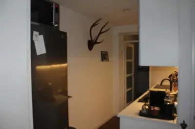 a kitchen with a black refrigerator next to a counter at Cozy Apartment in the Centre of Amsterdam in Amsterdam