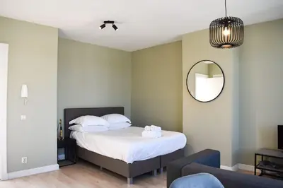 a bedroom with a bed and a mirror at NEW Roof terrace apartment in Jordaan Area in Amsterdam