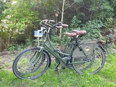 a green bike is parked in the grass at City Farmer Farmyard Stays, Sleep Easy, Stay Rural, Explore Amsterdam in Amsterdam
