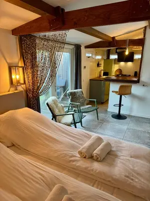a bedroom with a large bed and a kitchen at Wanderlust - Vlakbij strand - Omheinde privétuin in Noordwijk aan Zee