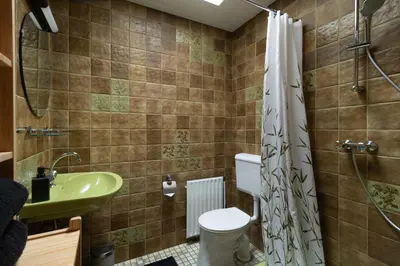 a bathroom with a sink and a toilet and a shower at Knus appartement met parkeerplek en zeezicht! in Egmond aan Zee
