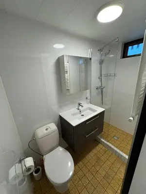 a bathroom with a toilet and a sink and a shower at Lovely house till 9 pers near Amsterdam and the sea in Opmeer