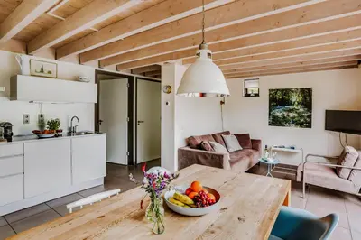 a kitchen and living room with a wooden ceiling at Dutchen Vakantiepark Buiten Bergen in Schoorl