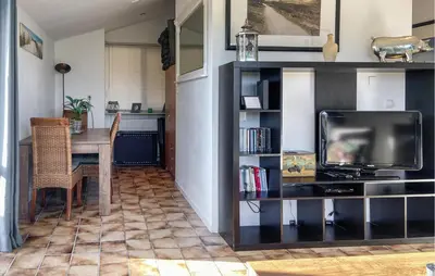 a living room with a television and a dining room table at Pet Friendly Home In Dirkshorn in Dirkshorn