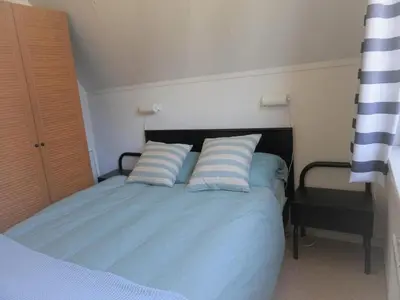 a bedroom with a blue bed with two pillows at Holiday home in Burgerbrug for family in Burgerbrug
