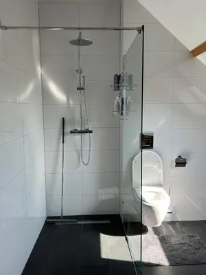 a bathroom with a toilet and a glass shower stall at De Gouwe Leeuw in Woerdense Verlaat