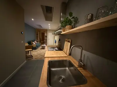 a kitchen with a sink and a living room at cozy apartment in the centre of Gouda in Gouda