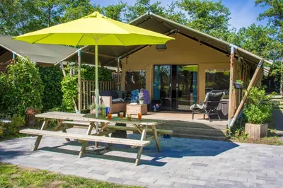 a picnic table and an umbrella on a patio at Zorgcamping De Ruif De zilverberk in Stoutenburg