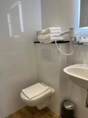 a white bathroom with a toilet and a sink at Hotel Golfzicht in Noordwijk aan Zee