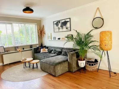 a living room with a couch and a potted plant at Spacious and Cozy House with Affordable Parking in Amsterdam