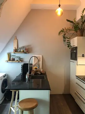 a kitchen with a sink and a counter at Cozy apartment with large roof terrace in Amsterdam