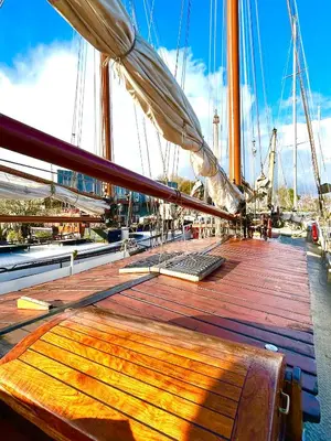 a wooden deck of a boat in the water at Ray's crew in Weesp