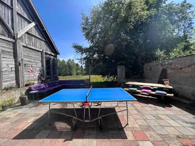 a ping pong table in the middle of a patio at Privé huisje op unieke groene plek in Den Dolder