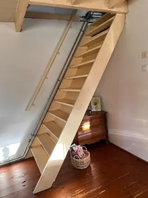 a ladder up to the top of a loft bed at Privé huisje op unieke groene plek in Den Dolder