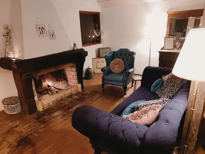 a living room with a couch and a fireplace at Privé huisje op unieke groene plek in Den Dolder