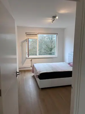 a bedroom with a bed and a window at Gezellig Appartement in Amsterdam-Noord in Amsterdam