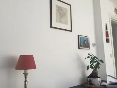 a lamp and a plant in a room with a wall at Beautiful quiet Apt in the center of Amsterdam in Amsterdam