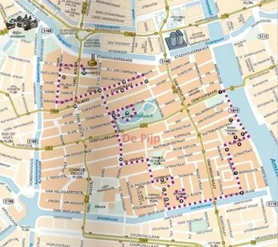 a map of a city with purple dots at Beautiful quiet Apt in the center of Amsterdam in Amsterdam