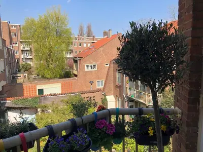 a balcony with flowers and buildings in the background at Beautiful quiet Apt in the center of Amsterdam in Amsterdam