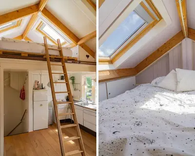 a tiny house with a ladder and a bed in a room at Pat's home in Alkmaar
