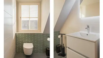 two pictures of a bathroom with a toilet and a sink at Klavertje vier in Schoorl