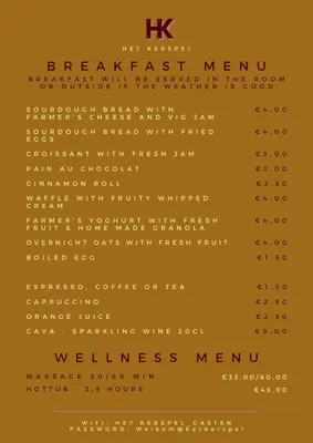 a menu for the breakfast menu of the restaurant at Het Kerspel in Hoogkarspel