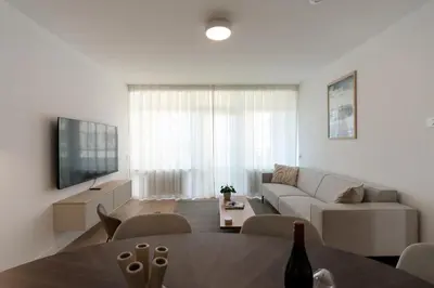 a living room with a couch and a tv at Lovina Beach House by Urban Home Stay in Egmond aan Zee