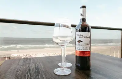 a bottle of wine and a glass on a table with the beach at Zonnehoek 75 in Egmond aan Zee