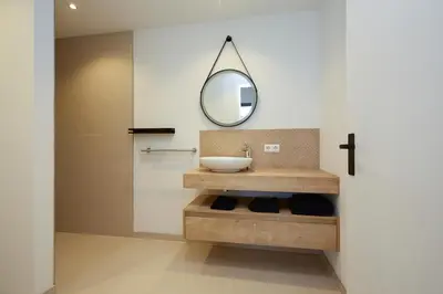 a bathroom with a sink and a mirror at Tulip Lodges in Voorhout