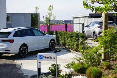 two white cars parked in a parking lot with purple flowers at Tulip Lodges in Voorhout