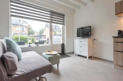 a living room with a couch and a tv and a window at Cosea Beach House in Zandvoort