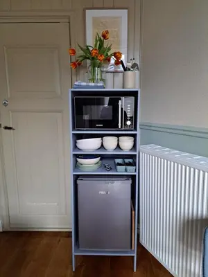 a microwave on a shelf with dishes on it at Logies Reederij de IJsel in Gouda