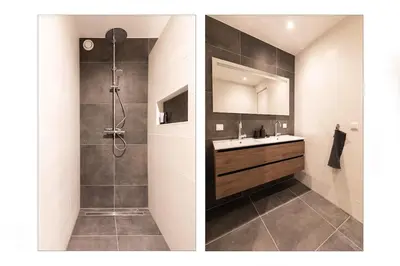 two pictures of a bathroom with a sink and a shower at Luxe 3-kamer Penthouse met dakterras in het centrum van Hoorn in Hoorn
