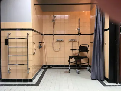 a bathroom with a shower and a black chair at Boerderij Honswijck in Weesp