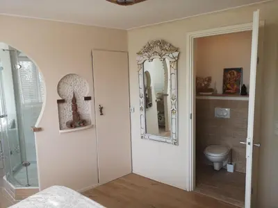 a bathroom with a toilet and a mirror at Modern Cozy Asian Style bedroom with Kingsize Spa bath in Westbeemster