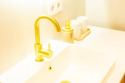 a white bathroom sink with a gold faucet at Vakantie in Noordwijk in Noordwijk